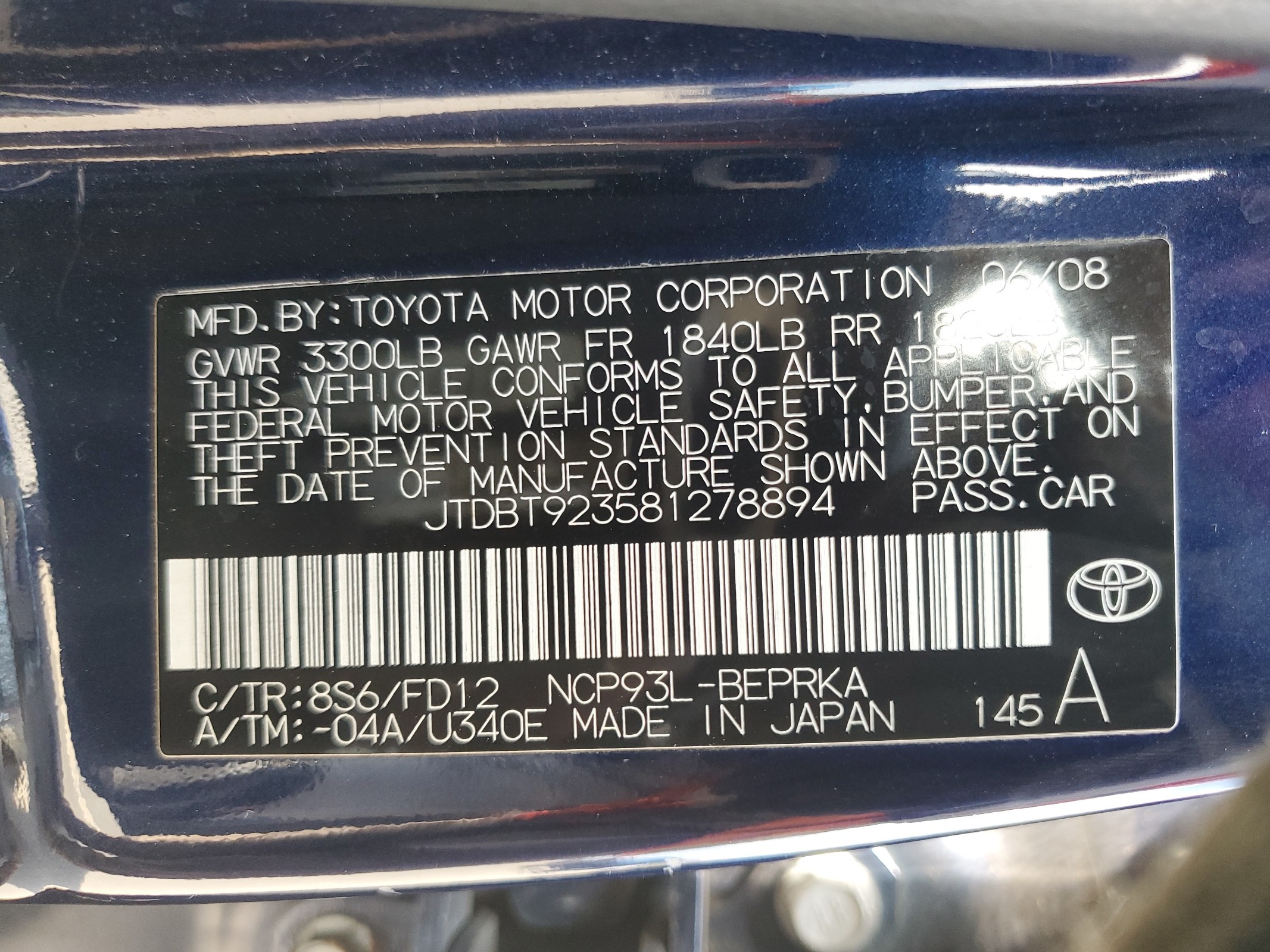 JTDBT923581278894 2008 Toyota Yaris