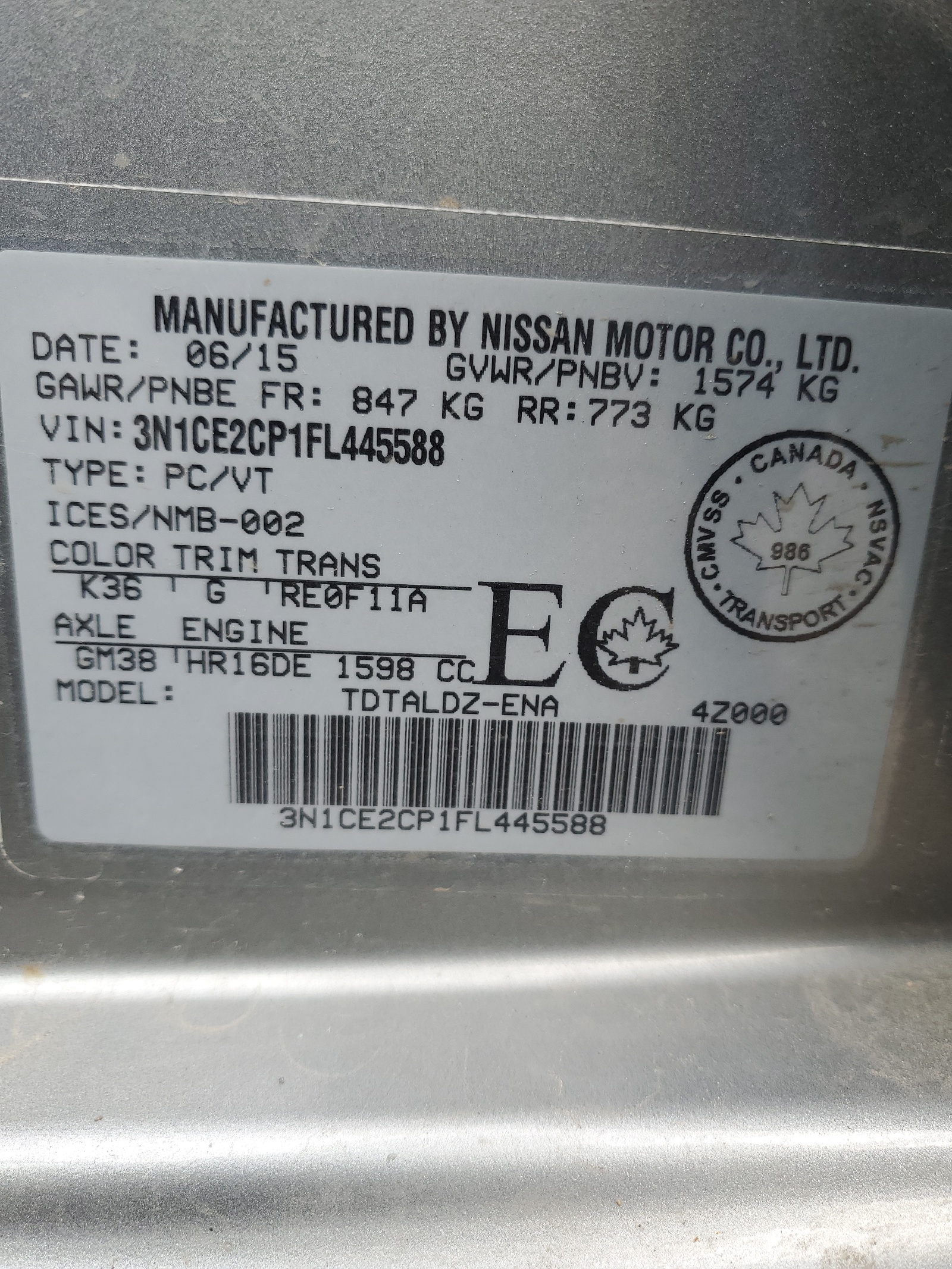 3N1CE2CP1FL445588 2015 Nissan Versa Note S