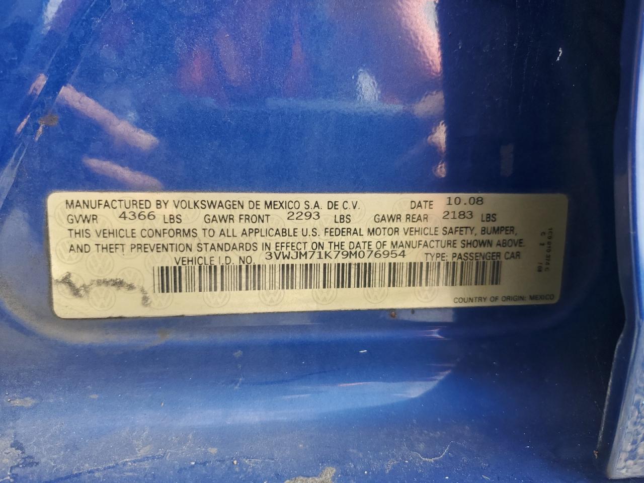 2009 Volkswagen Jetta S VIN: 3VWJM71K79M076954 Lot: 59960274