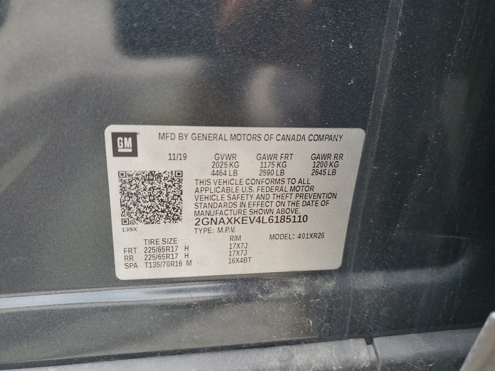 2GNAXKEV4L6185110 2020 Chevrolet Equinox Lt