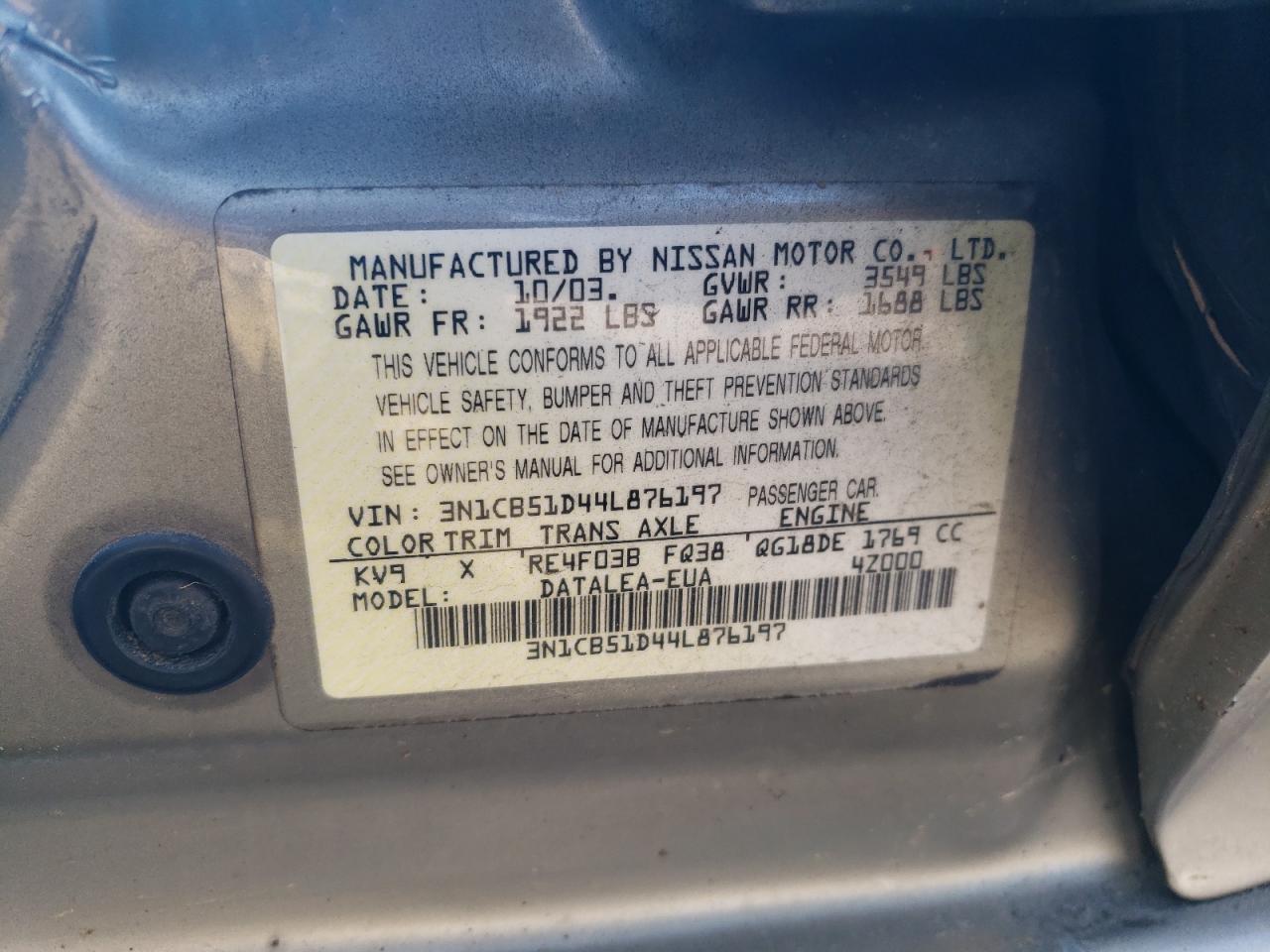 2004 Nissan Sentra 1.8 VIN: 3N1CB51D44L876197 Lot: 59102164