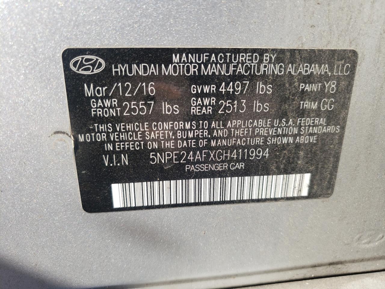 2016 Hyundai Sonata Se VIN: 5NPE24AFXGH411994 Lot: 57383474