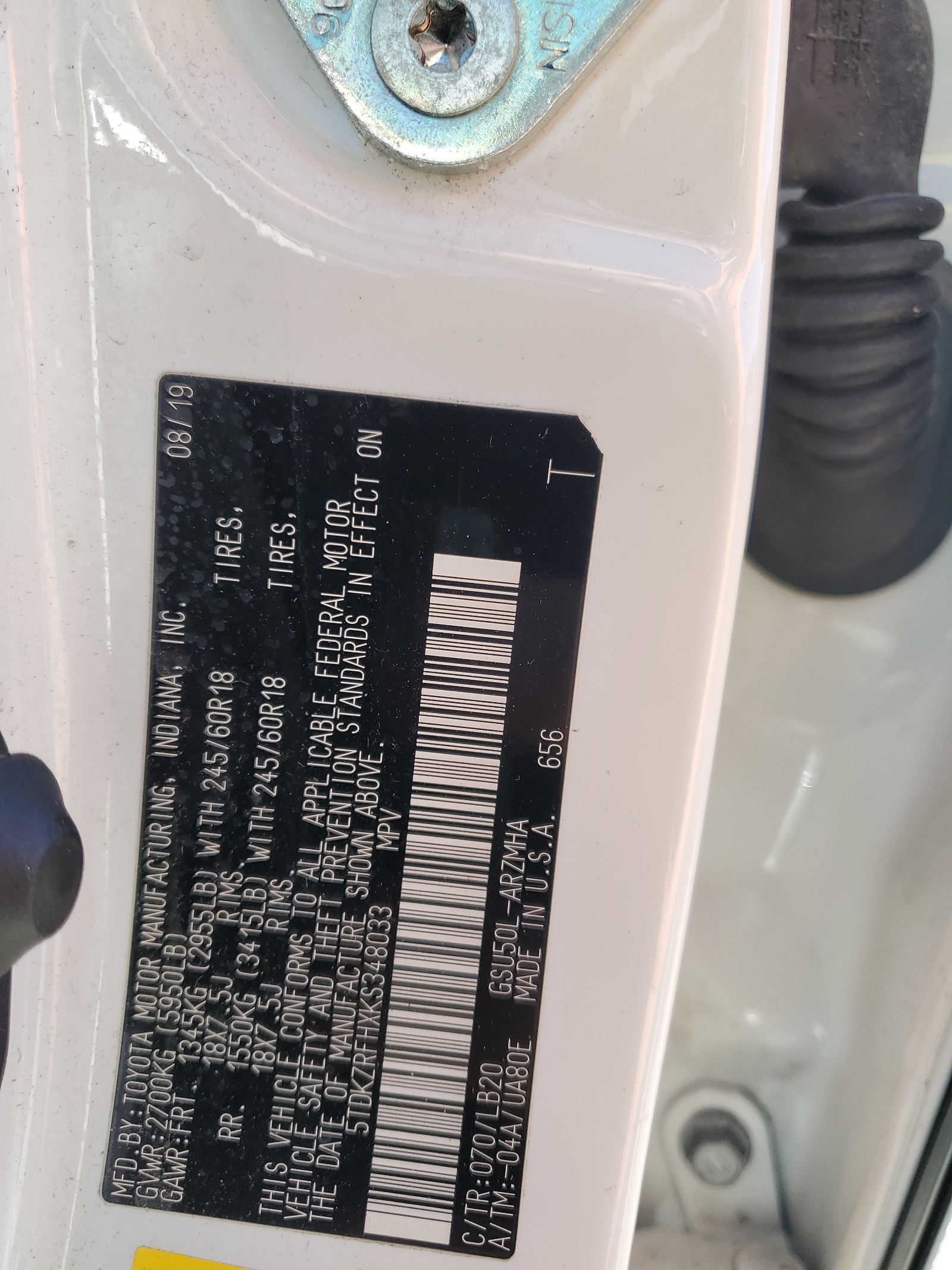 5TDKZRFHXKS348033 2019 Toyota Highlander Se