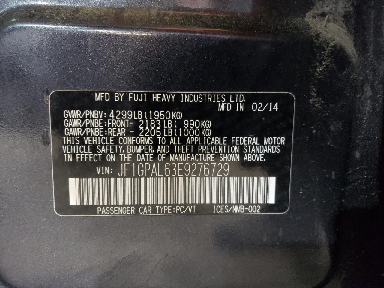 2014 Subaru Impreza Sport Premium VIN: JF1GPAL63E9276729 Lot: 60476334