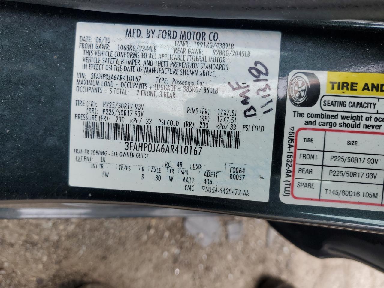 2010 Ford Fusion Sel VIN: 3FAHP0JA6AR410167 Lot: 61090644