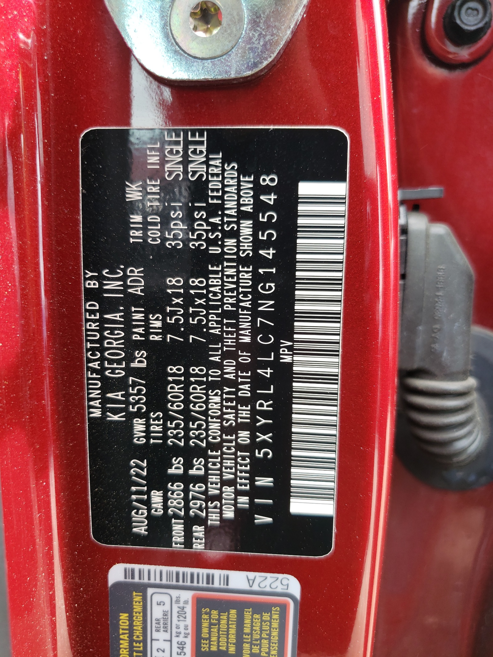 5XYRL4LC7NG145548 2022 Kia Sorento S