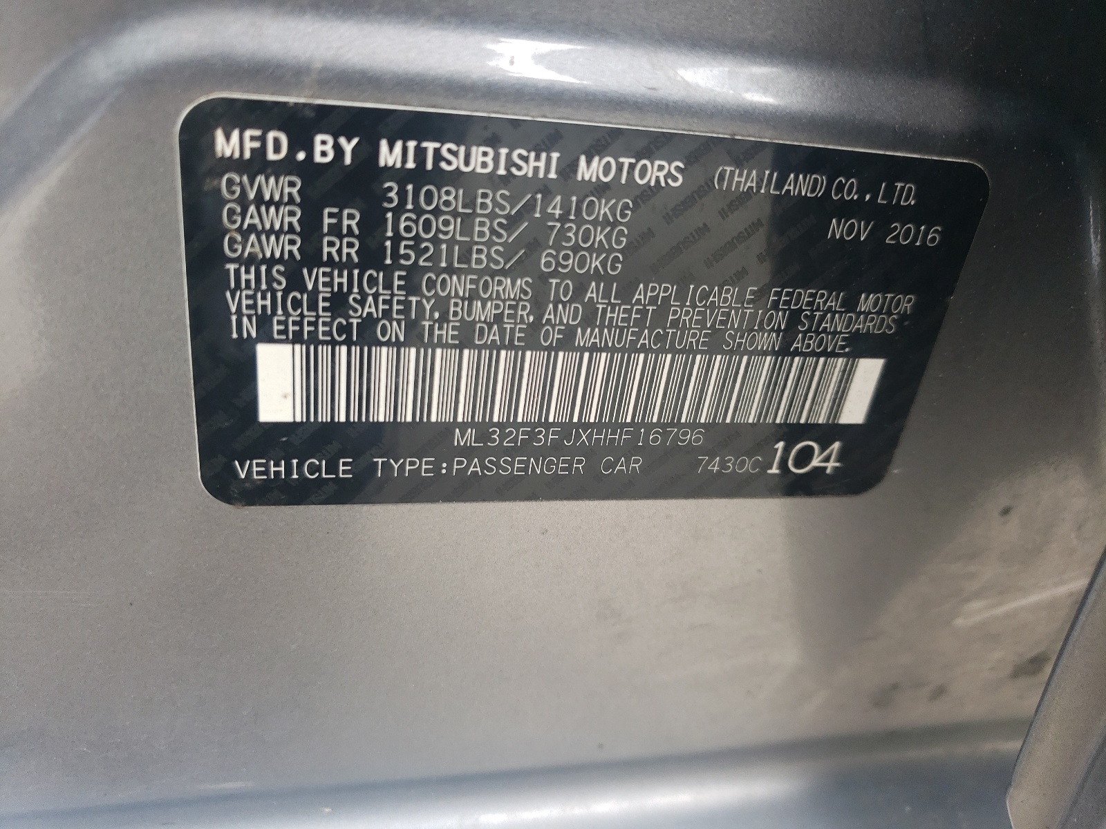 ML32F3FJXHHF16796 2017 Mitsubishi Mirage G4 Es