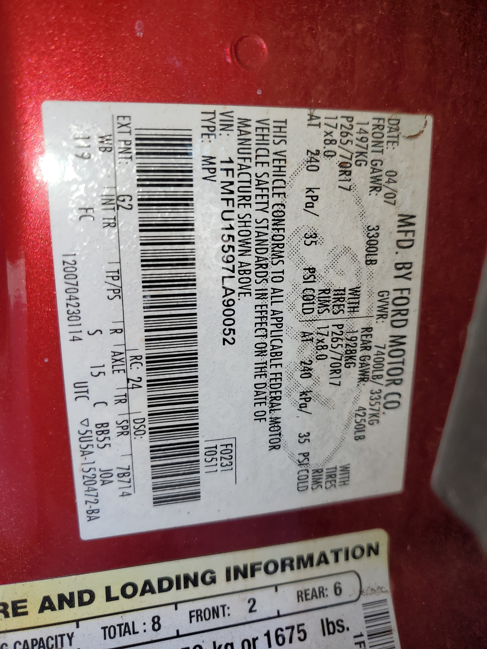 1FMFU15597LA90052 2007 Ford Expedition Xlt