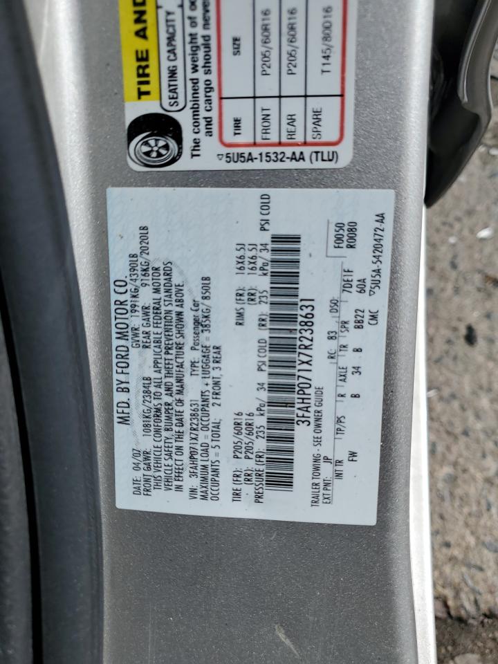 2007 Ford Fusion Se VIN: 3FAHP071X7R238631 Lot: 56847454