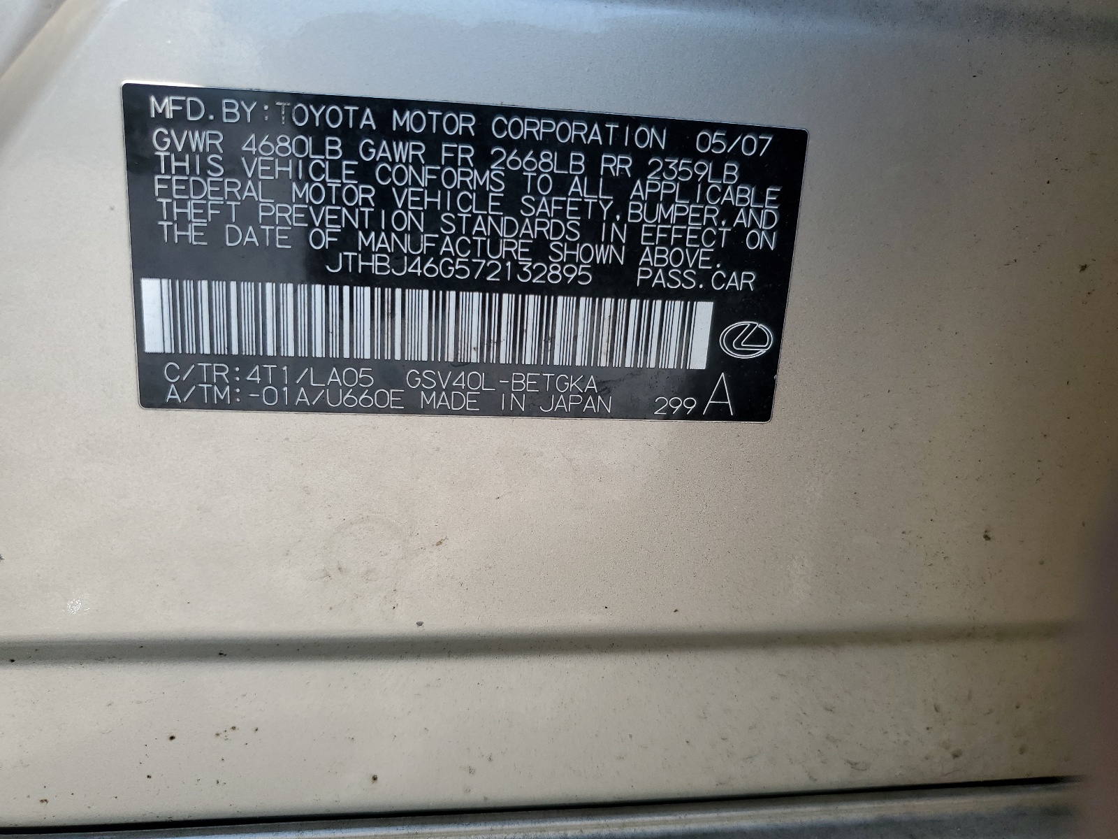 JTHBJ46G572132895 2007 Lexus Es 350