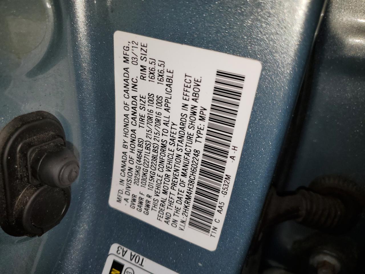 2012 Honda Cr-V Lx VIN: 2HKRM4H38CH602248 Lot: 60159294