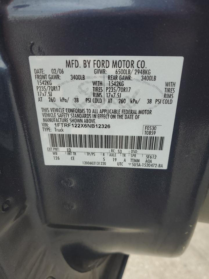 2006 Ford F150 VIN: 1FTRF122X6NB12326 Lot: 57975794