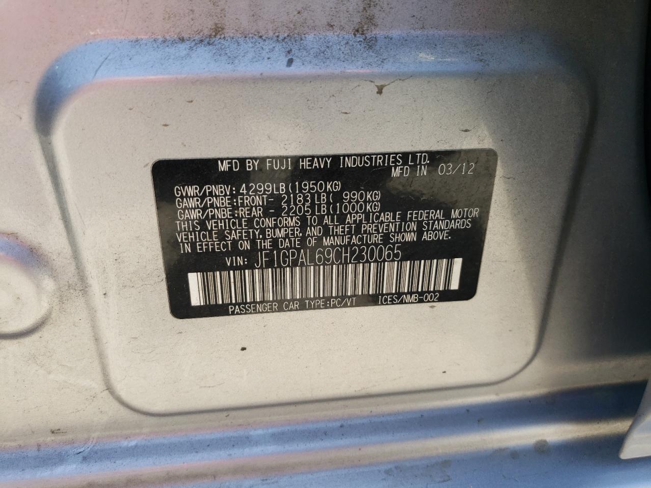 2012 Subaru Impreza Sport Premium VIN: JF1GPAL69CH230065 Lot: 58775594