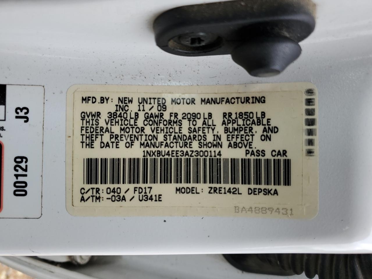 2010 Toyota Corolla Base VIN: 1NXBU4EE3AZ300114 Lot: 60943474