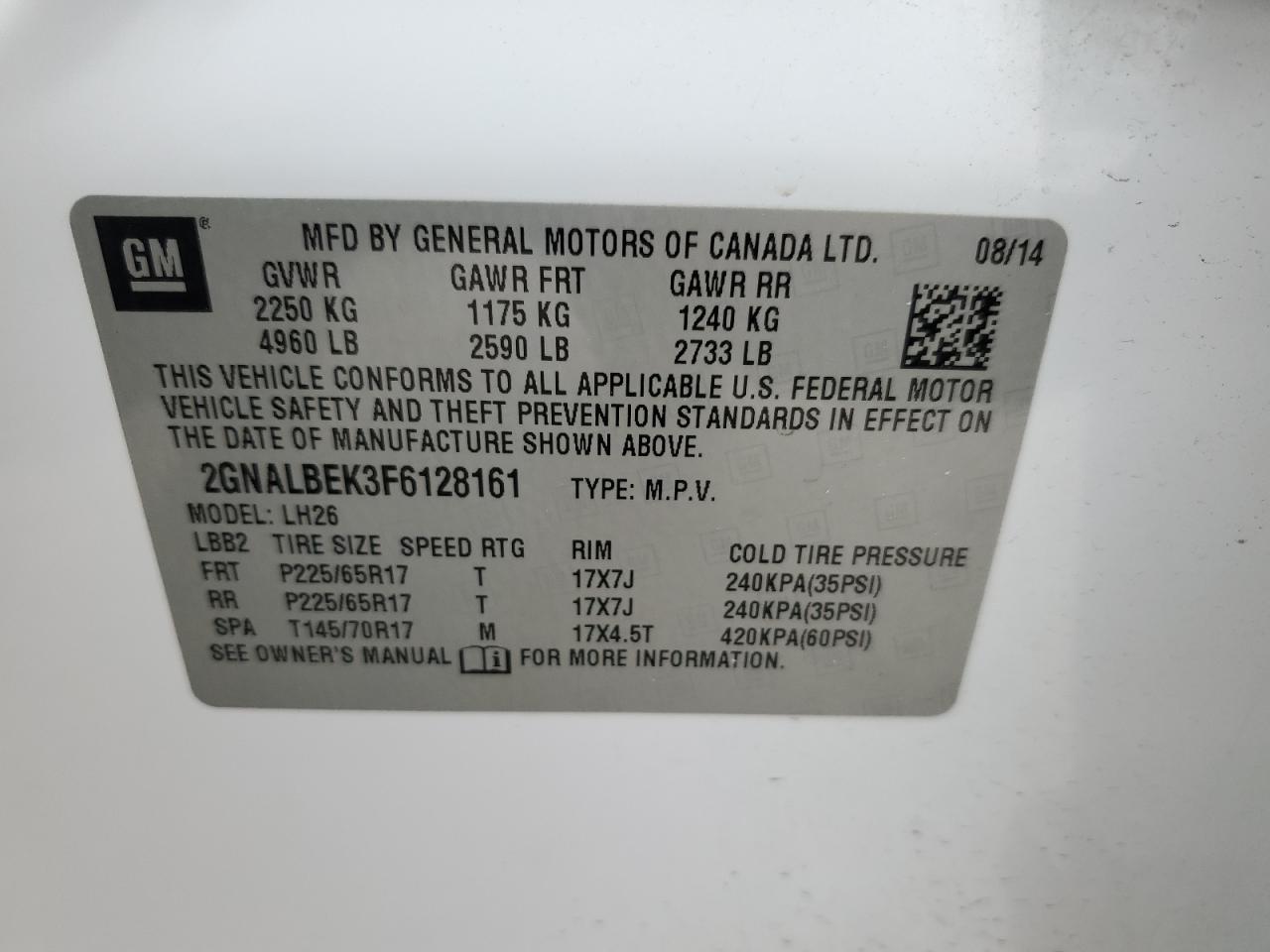 2015 Chevrolet Equinox Lt VIN: 2GNALBEK3F6128161 Lot: 58743844