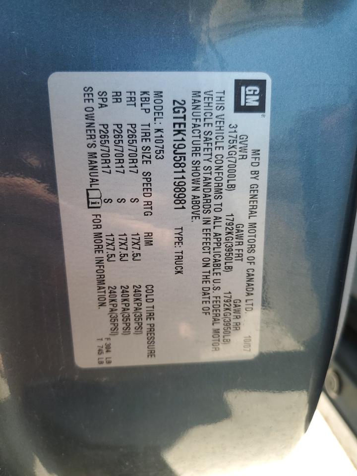 2008 GMC Sierra K1500 VIN: 2GTEK19J581198981 Lot: 60064264