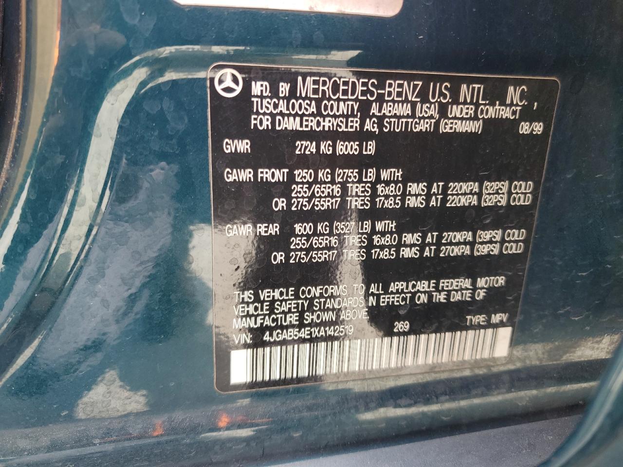 1999 Mercedes-Benz Ml 320 VIN: 4JGAB54E1XA142519 Lot: 58531814