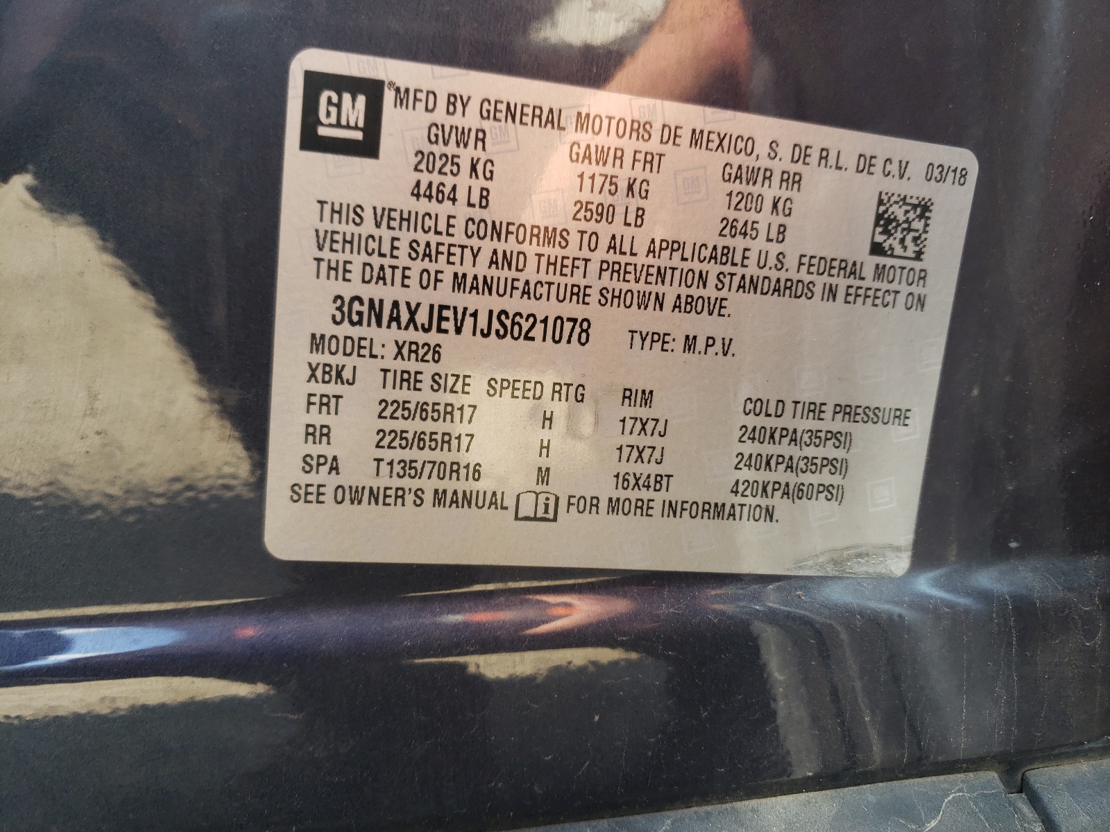 3GNAXJEV1JS621078 2018 Chevrolet Equinox Lt