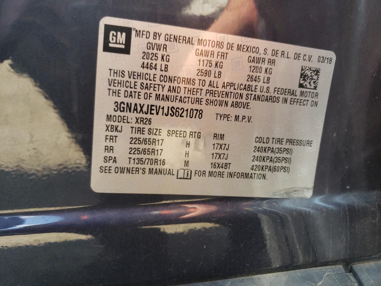 2018 Chevrolet Equinox Lt VIN: 3GNAXJEV1JS621078 Lot: 56647254