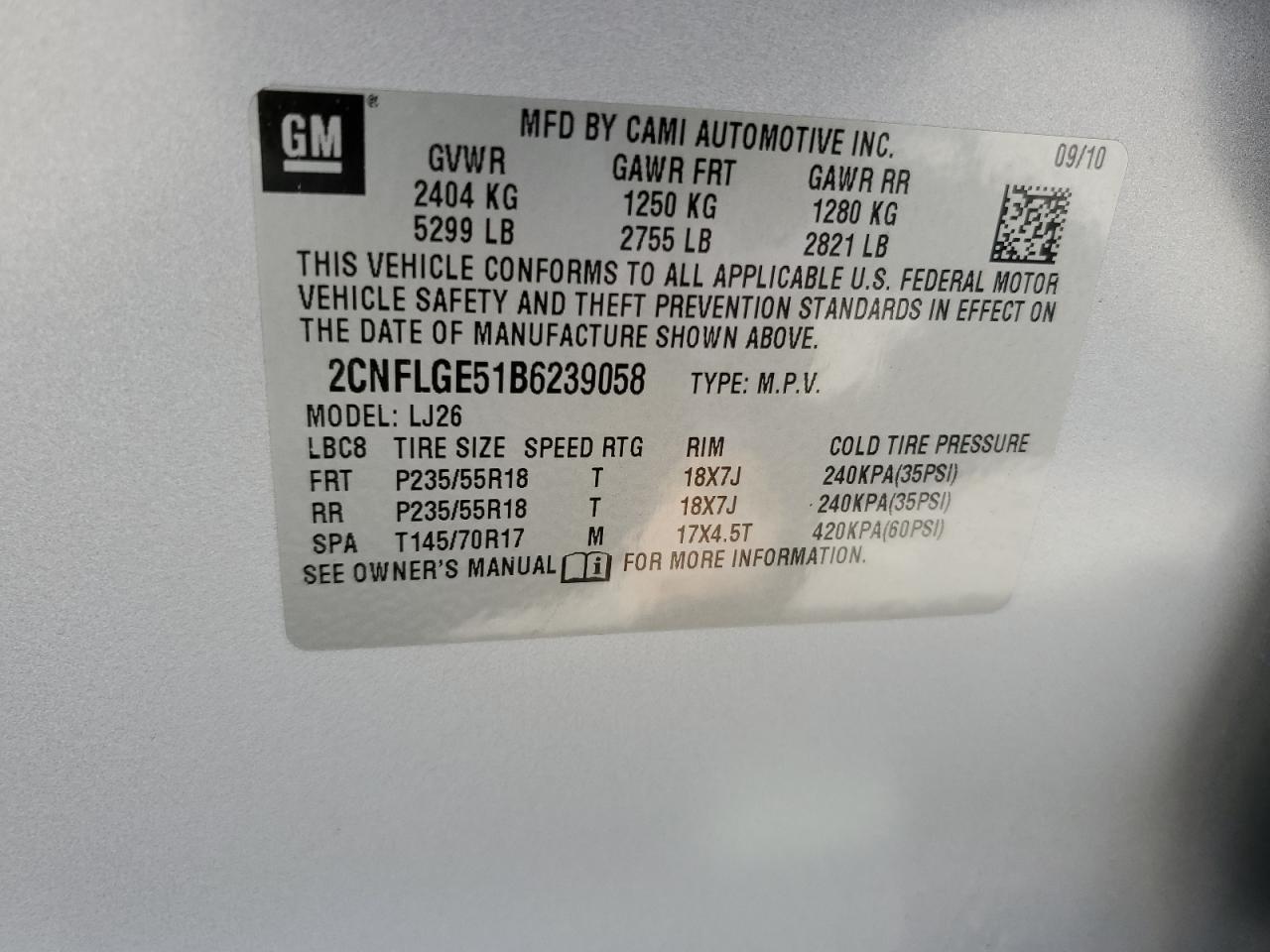 2011 Chevrolet Equinox Ltz VIN: 2CNFLGE51B6239058 Lot: 58344384