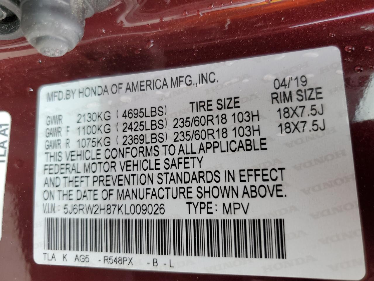 2019 Honda Cr-V Exl VIN: 5J6RW2H87KL009026 Lot: 61014204