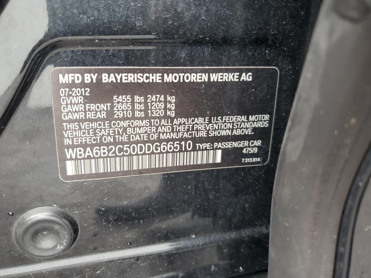 2013 BMW 650 I VIN: WBA6B2C50DDG66510 Lot: 64527314