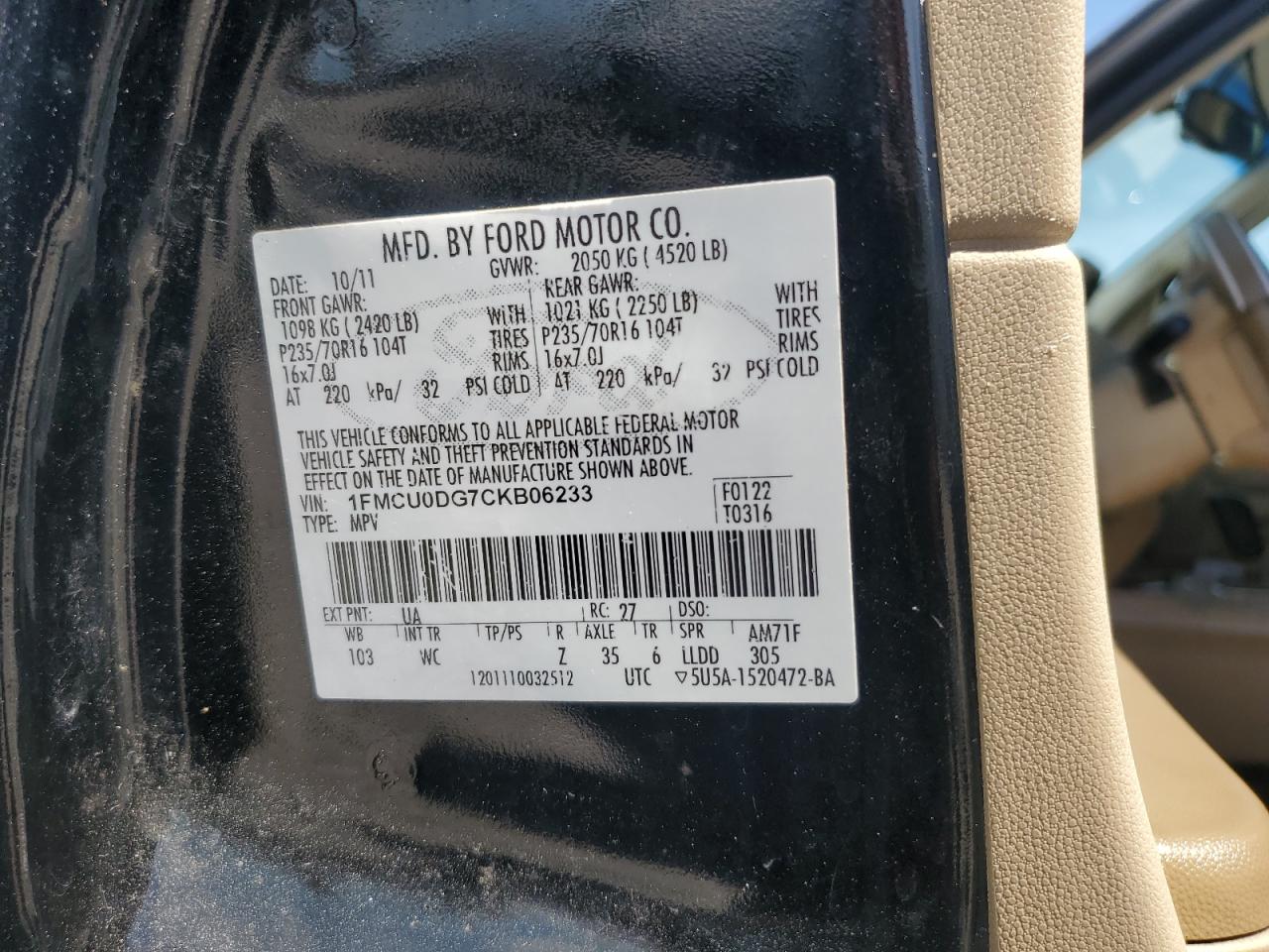 2012 Ford Escape Xlt VIN: 1FMCU0DG7CKB06233 Lot: 57928274