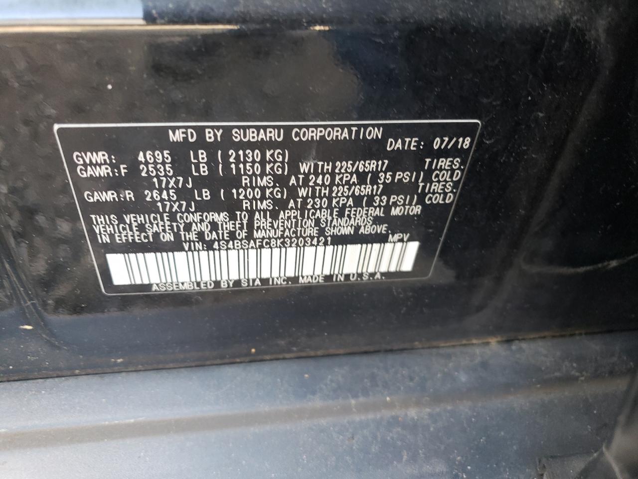 4S4BSAFC8K3203421 2019 Subaru Outback 2.5I Premium