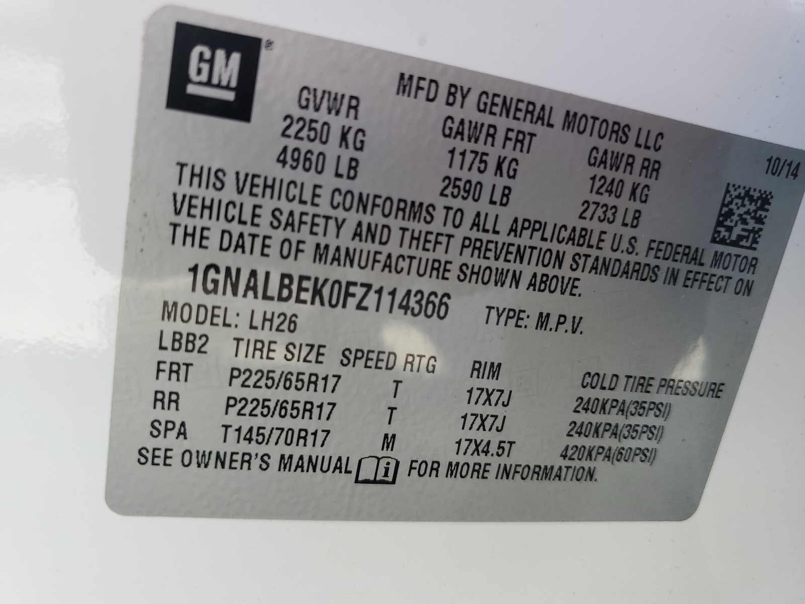 1GNALBEK0FZ114366 2015 Chevrolet Equinox Lt