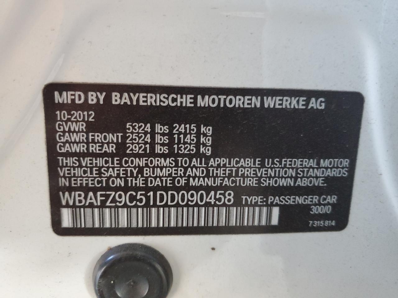 2013 BMW 535 I Hybrid VIN: WBAFZ9C51DD090458 Lot: 60333704