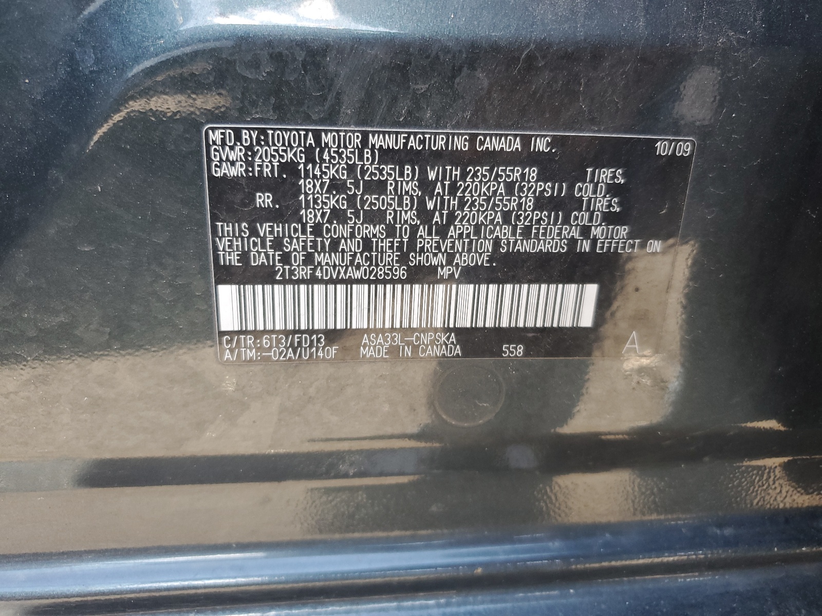 2T3RF4DVXAW028596 2010 Toyota Rav4 Sport