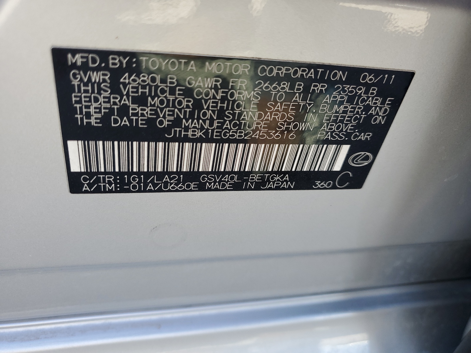 JTHBK1EG5B2453616 2011 Lexus Es 350