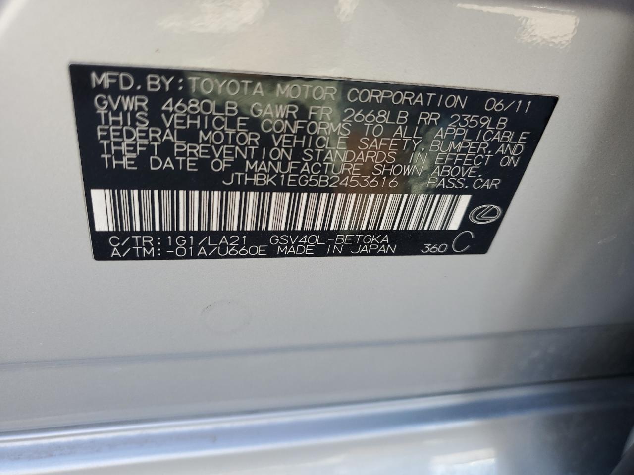 2011 Lexus Es 350 VIN: JTHBK1EG5B2453616 Lot: 56116024