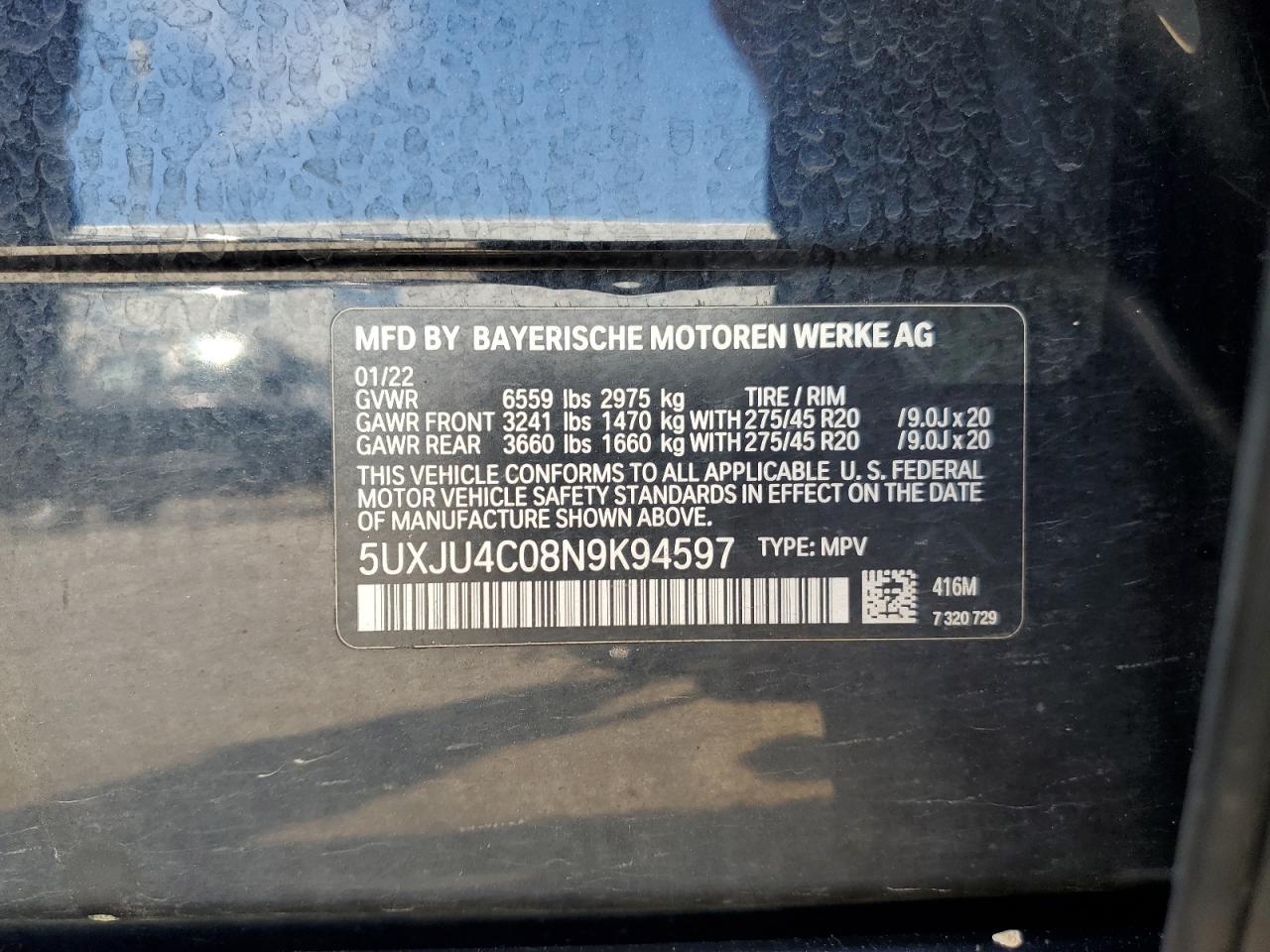 2022 BMW X5 M50I VIN: 5UXJU4C08N9K94597 Lot: 57281004