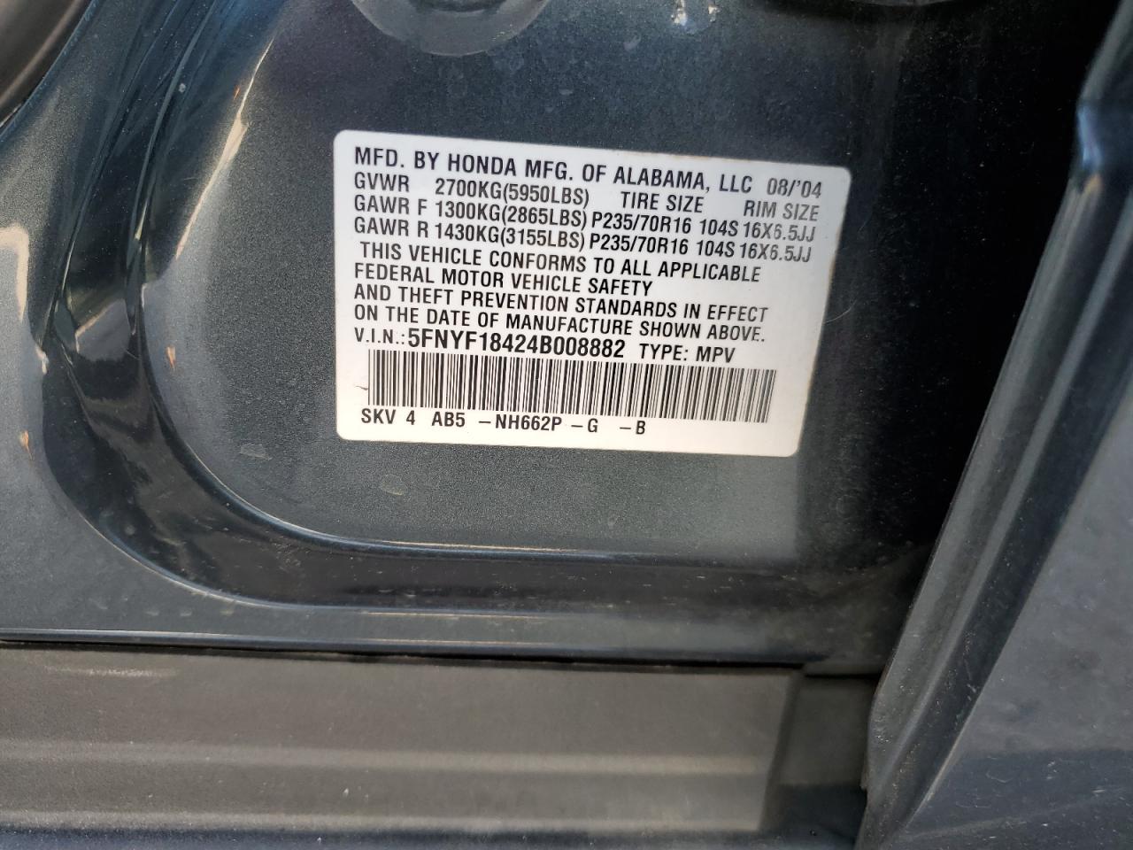 2004 Honda Pilot Ex VIN: 5FNYF18424B008882 Lot: 59187004