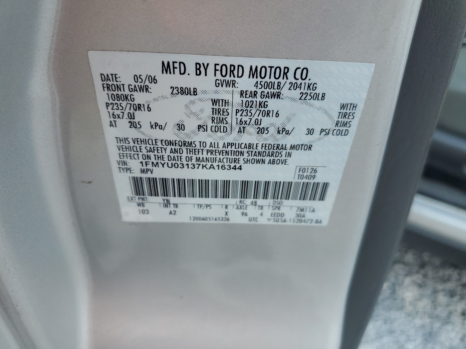 1FMYU03137KA16344 2007 Ford Escape Xlt