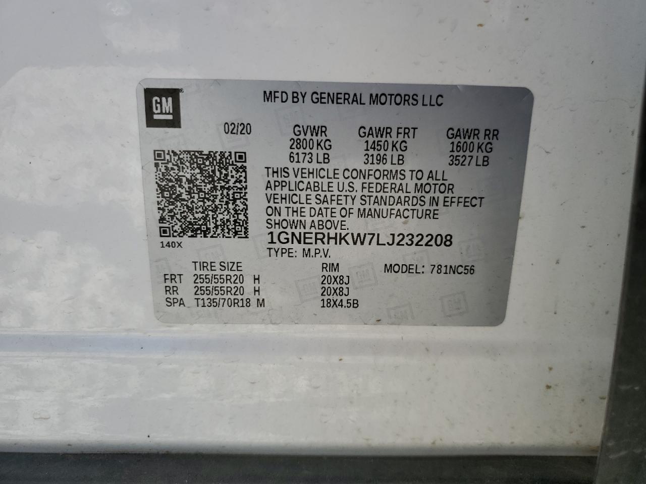 2020 Chevrolet Traverse Lt VIN: 1GNERHKW7LJ232208 Lot: 57852154