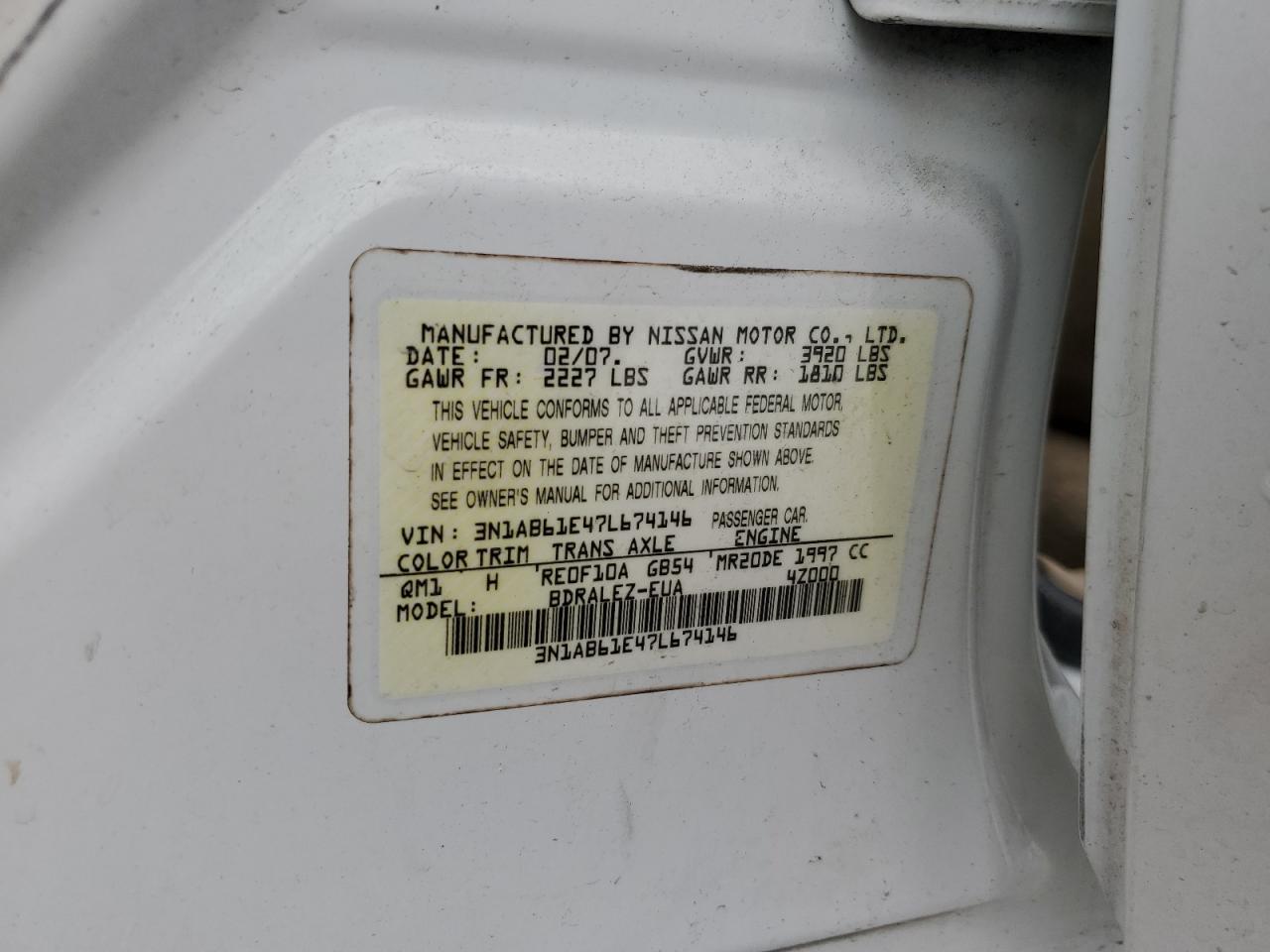 3N1AB61E47L674146 2007 Nissan Sentra 2.0