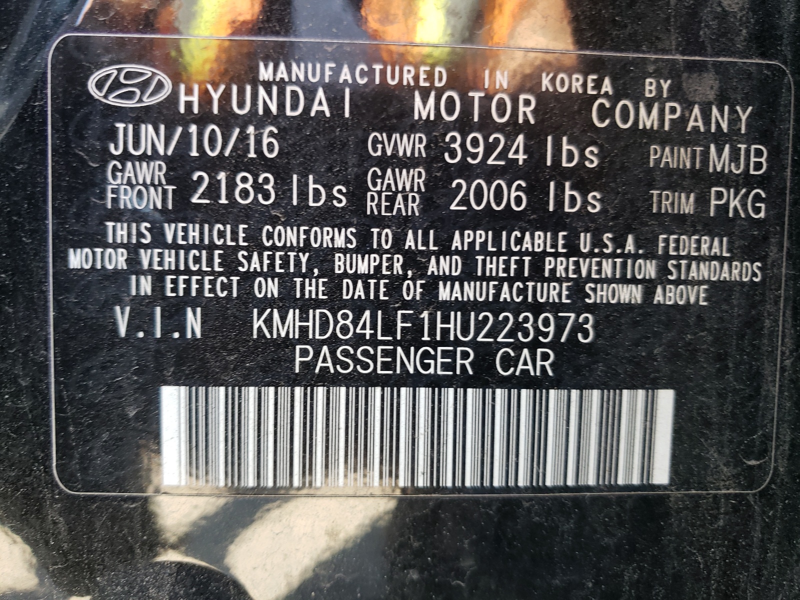 KMHD84LF1HU223973 2017 Hyundai Elantra Se