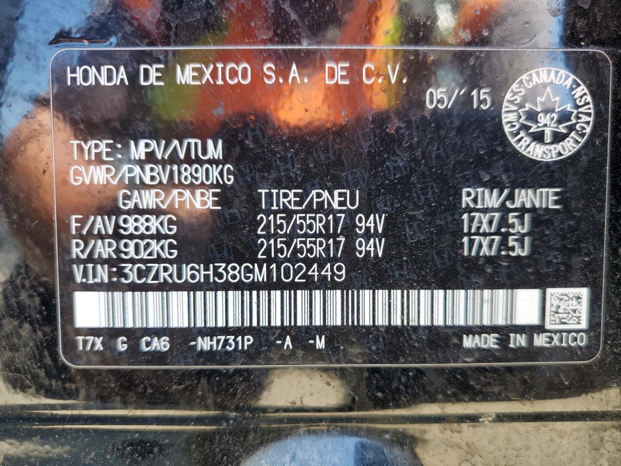 2016 Honda Hr-V Lx VIN: 3CZRU6H38GM102449 Lot: 59435994