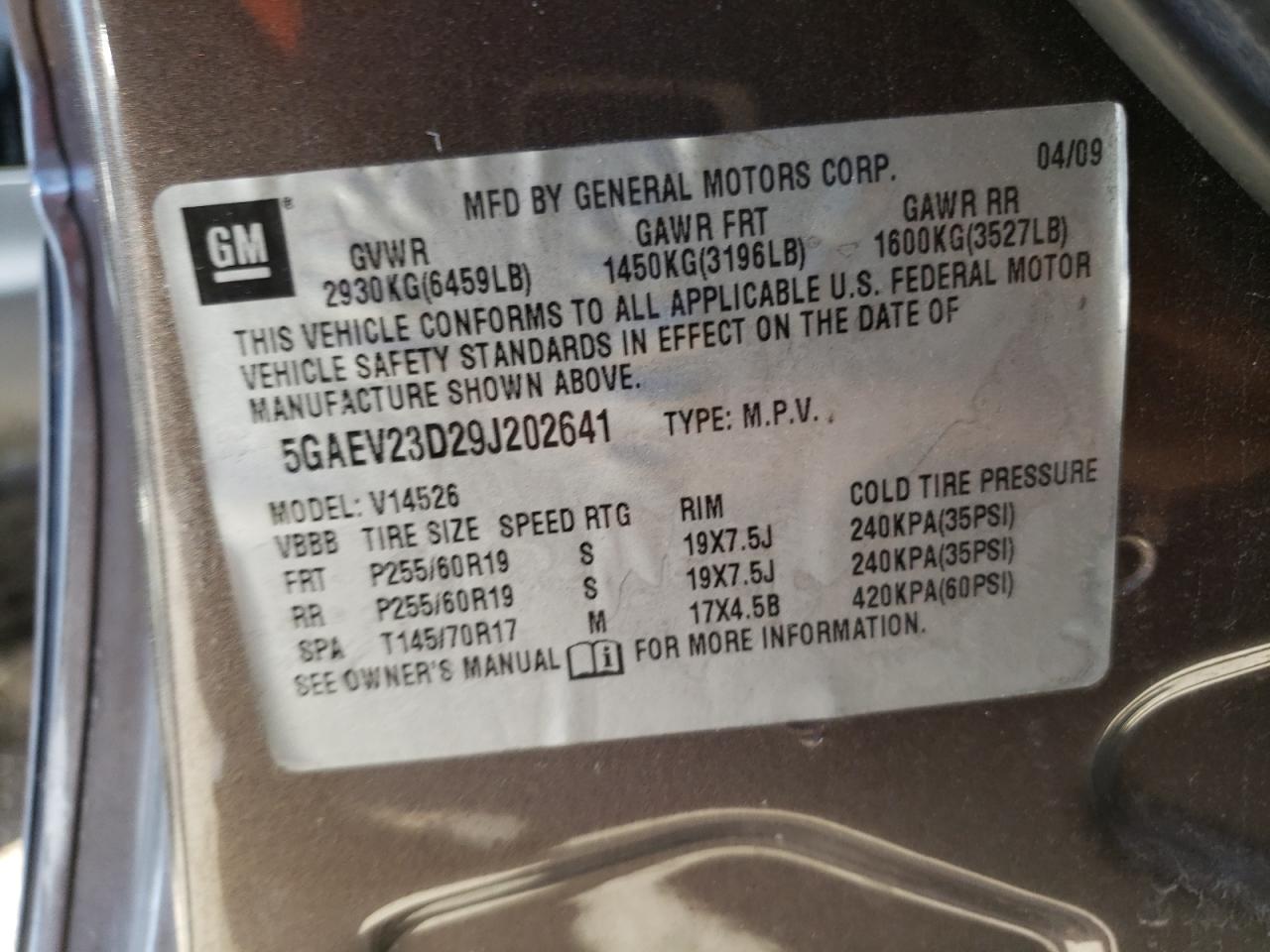 2009 Buick Enclave Cxl VIN: 5GAEV23D29J202641 Lot: 58824804