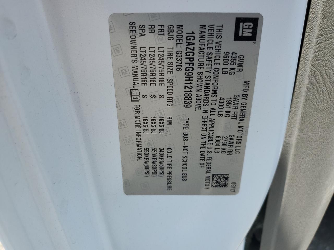 2017 Chevrolet Express G3500 Lt VIN: 1GAZGPFG9H1218839 Lot: 59907684