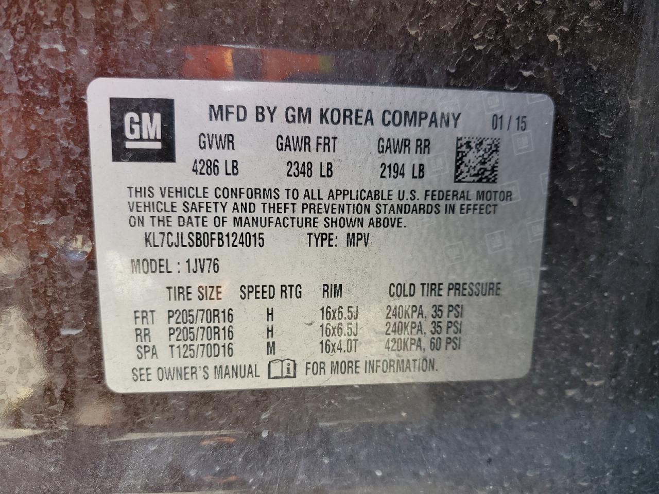 2015 Chevrolet Trax 1Lt VIN: KL7CJLSB0FB124015 Lot: 59892284