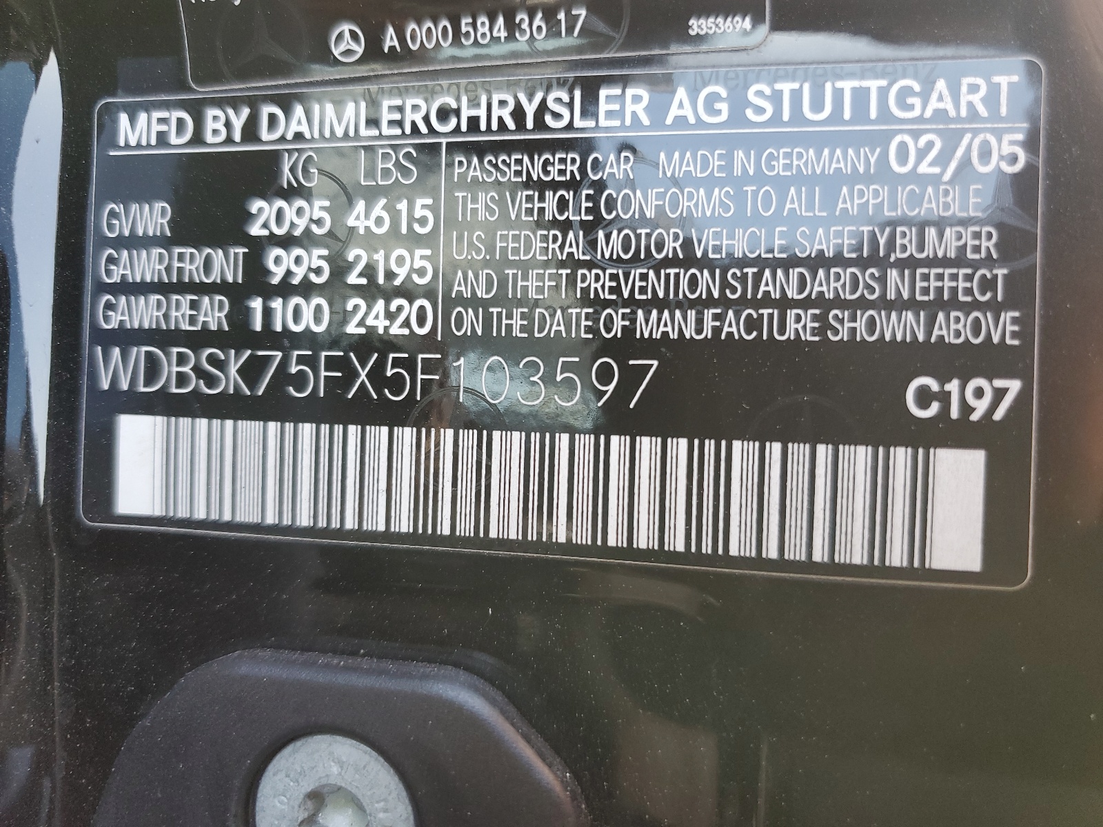 WDBSK75FX5F103597 2005 Mercedes-Benz Sl 500