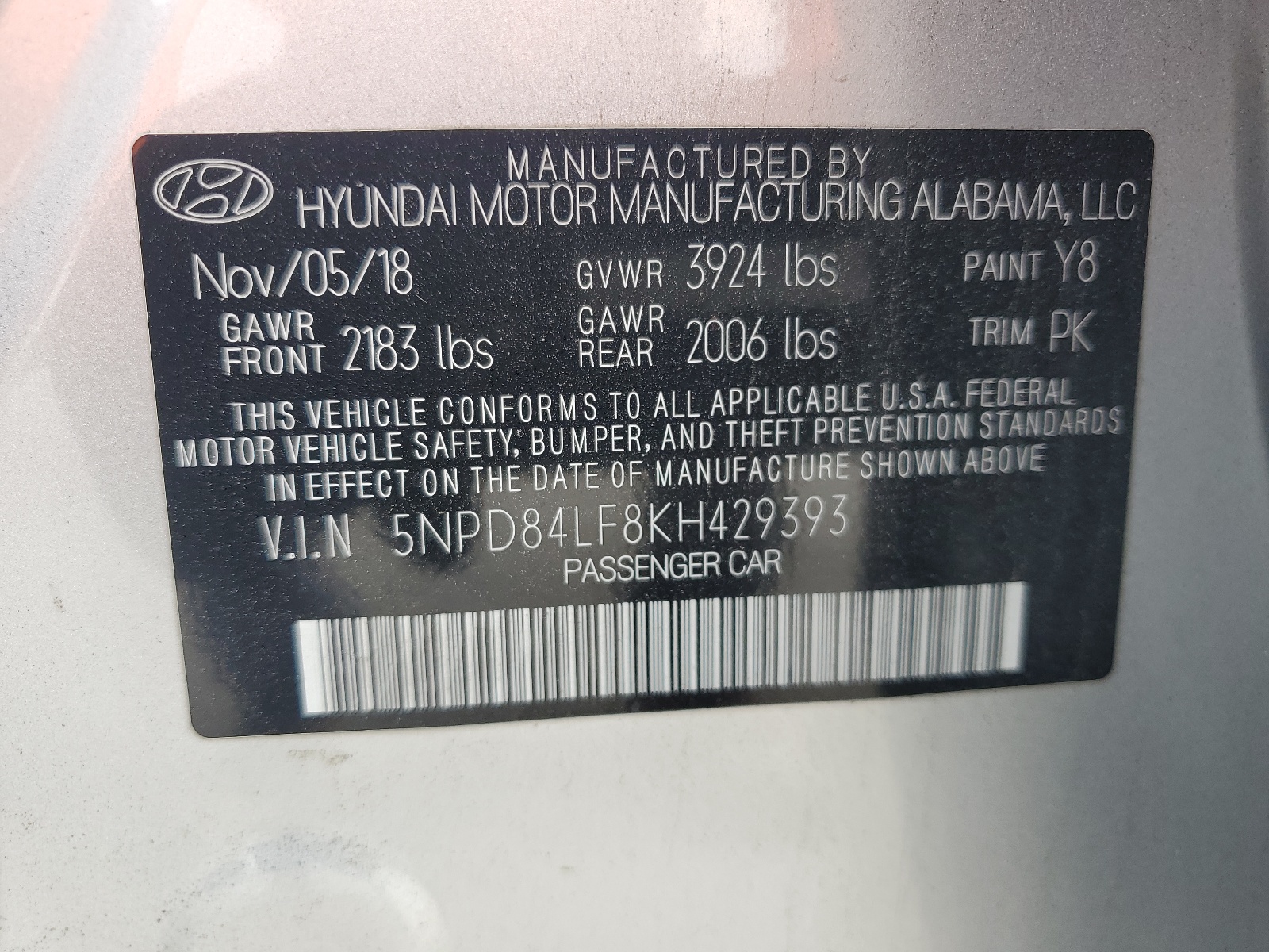 5NPD84LF8KH429393 2019 Hyundai Elantra Sel
