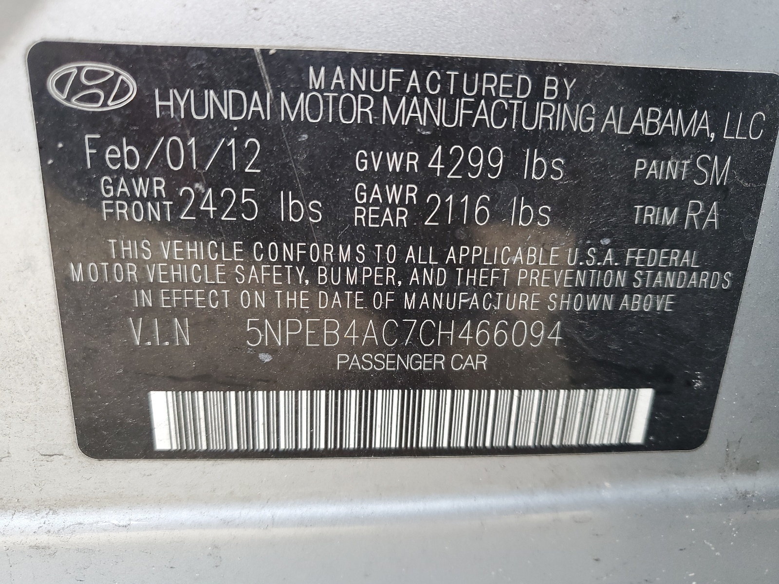 5NPEB4AC7CH466094 2012 Hyundai Sonata Gls