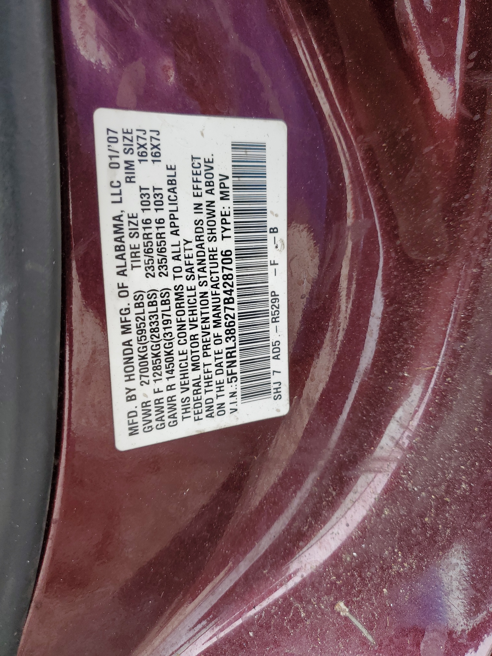 5FNRL38627B428706 2007 Honda Odyssey Exl