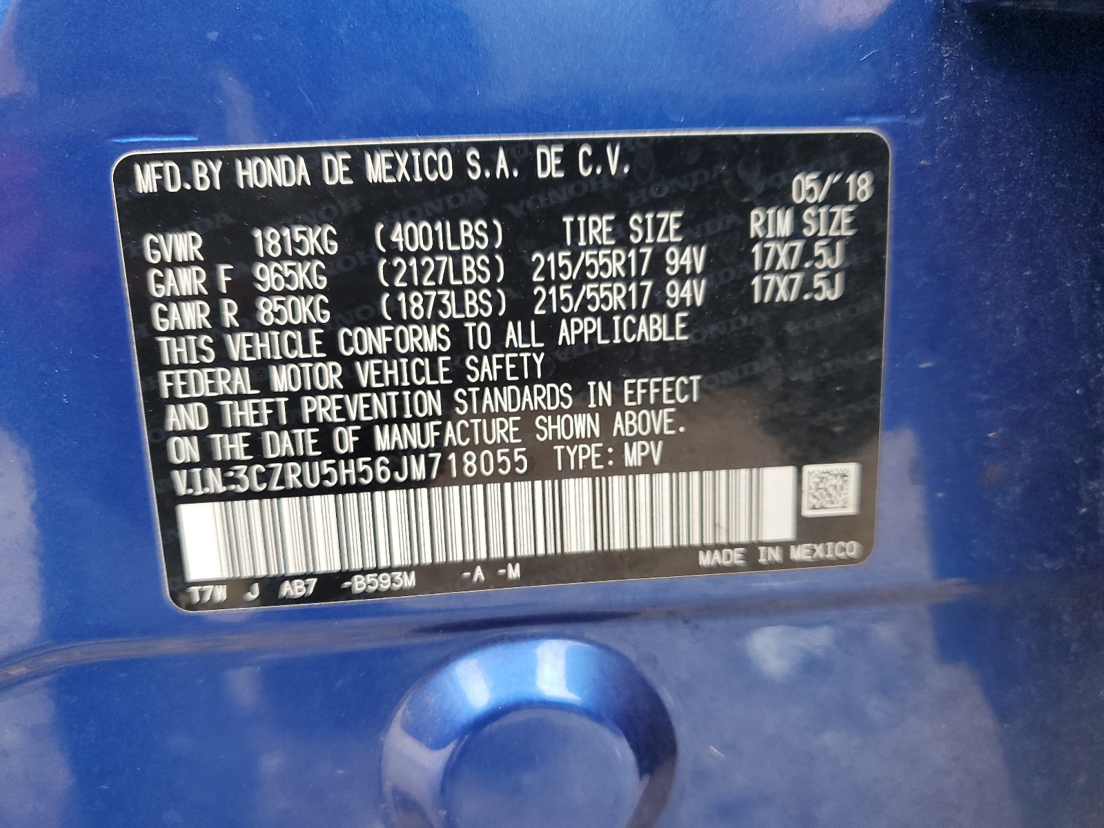 3CZRU5H56JM718055 2018 Honda Hr-V Ex