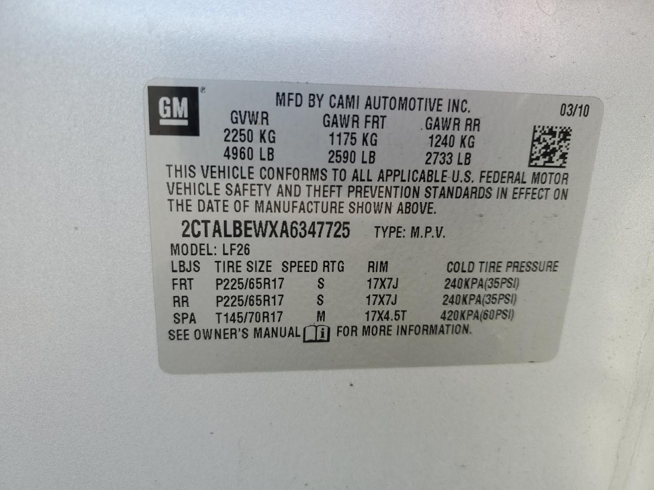 2010 GMC Terrain Sle VIN: 2CTALBEWXA6347725 Lot: 57126924