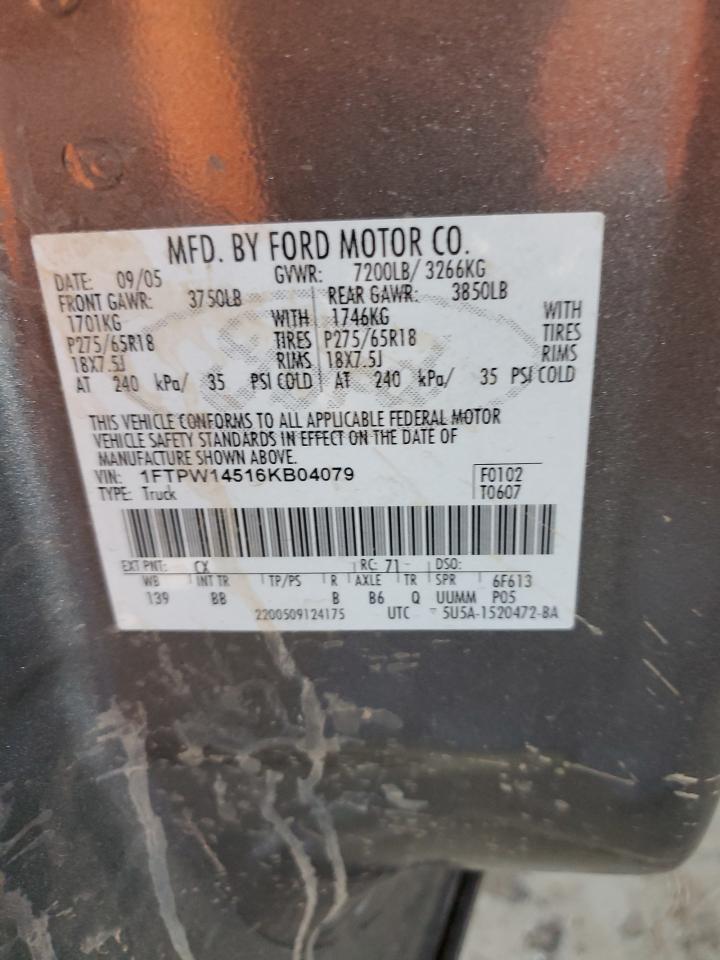 2006 Ford F150 Supercrew VIN: 1FTPW14516KB04079 Lot: 60316214